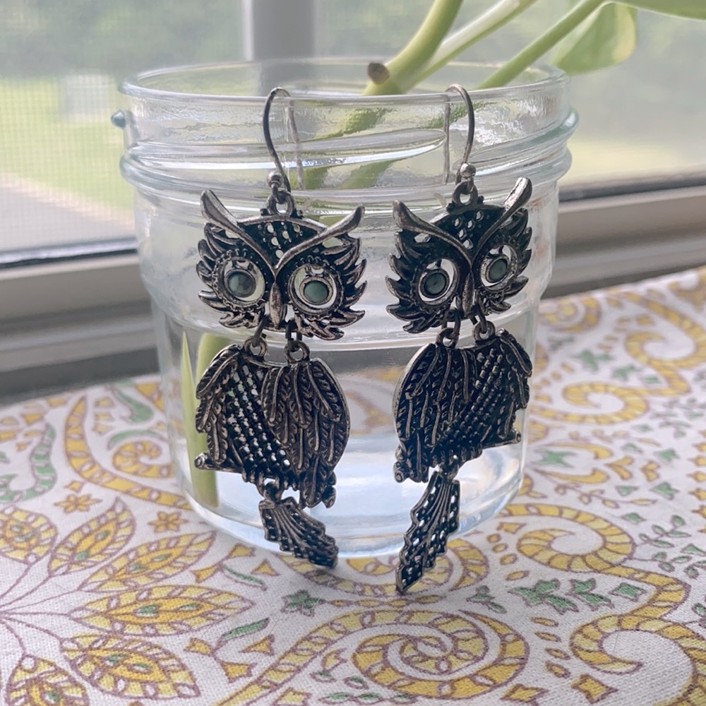 Fossil Dangling Owl Earrings